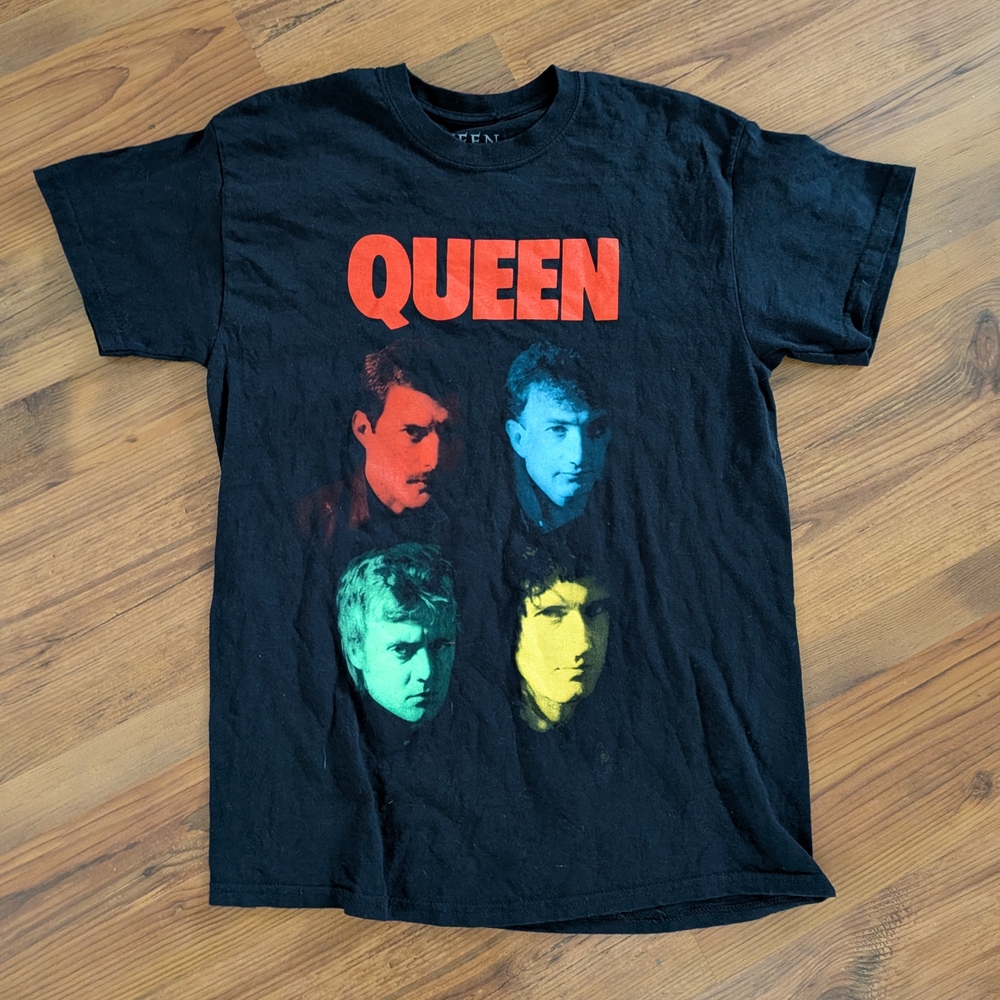 Queen Official Merch Black Tee with Colorful Portraits